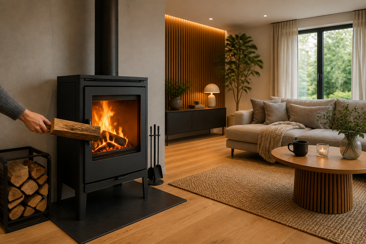 Poele moderne et salon confortable