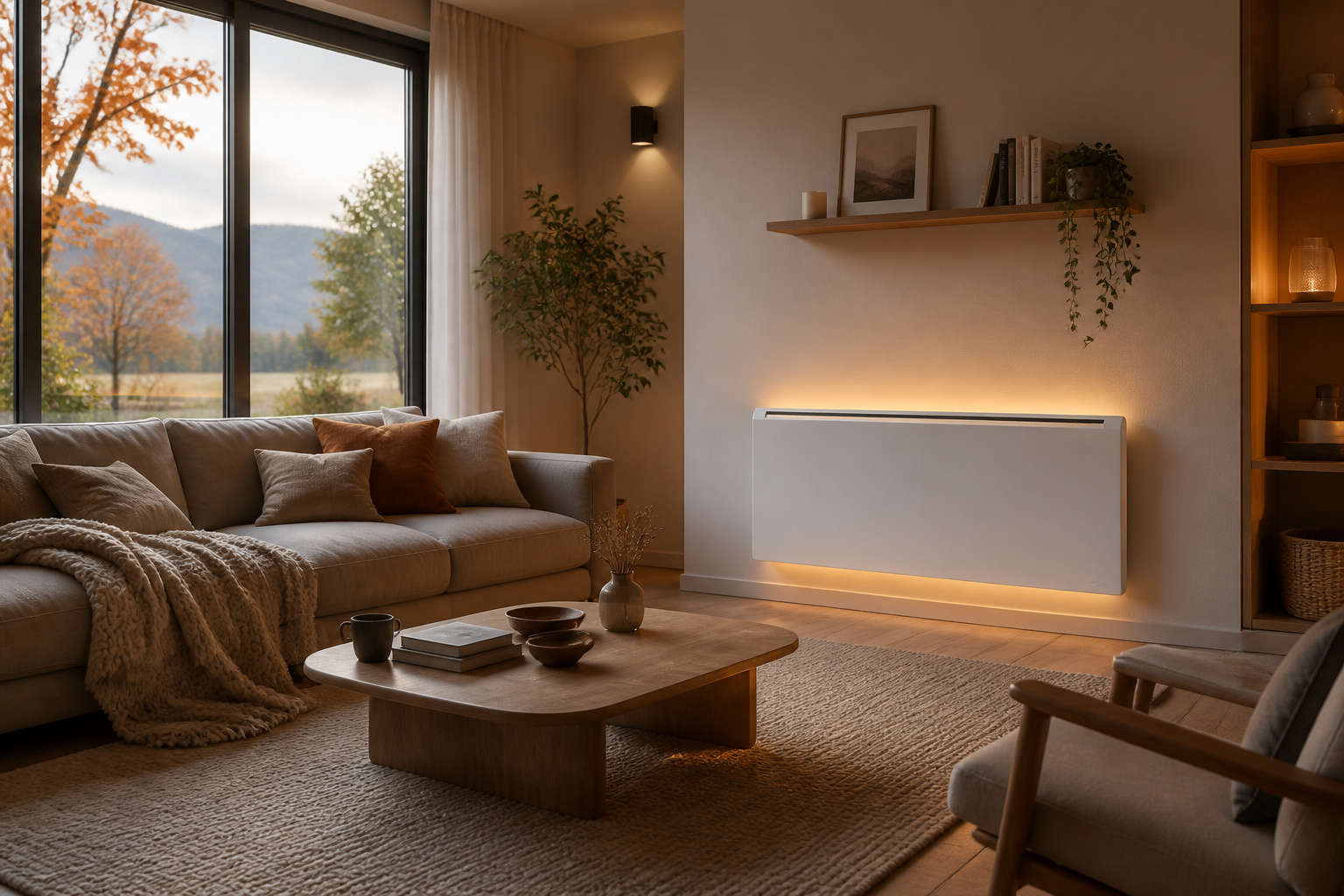 Salon moderne et chaleureux avec radiateur discret