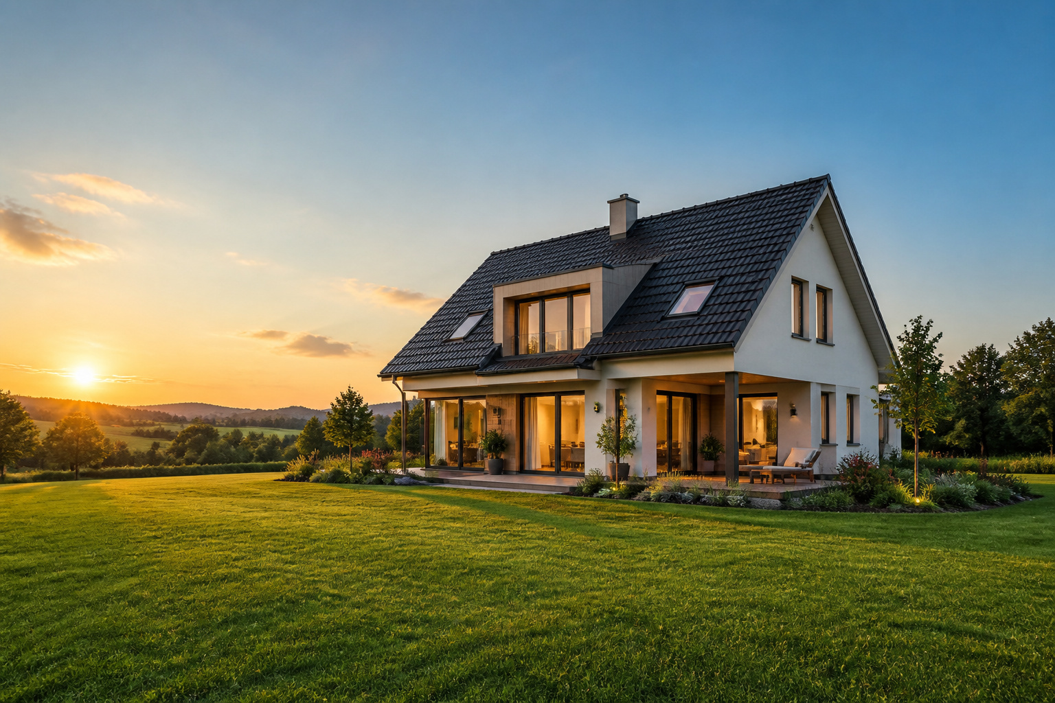 Maison moderne au coucher du soleil