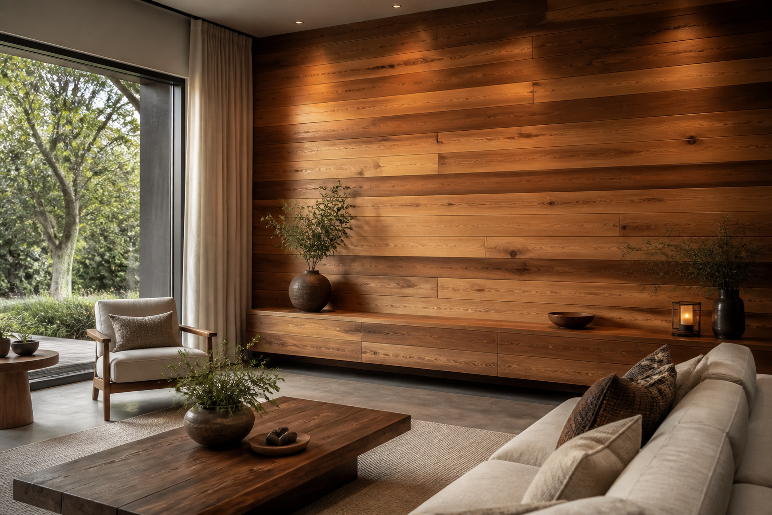 Salon chaleureux avec mur en bois naturel