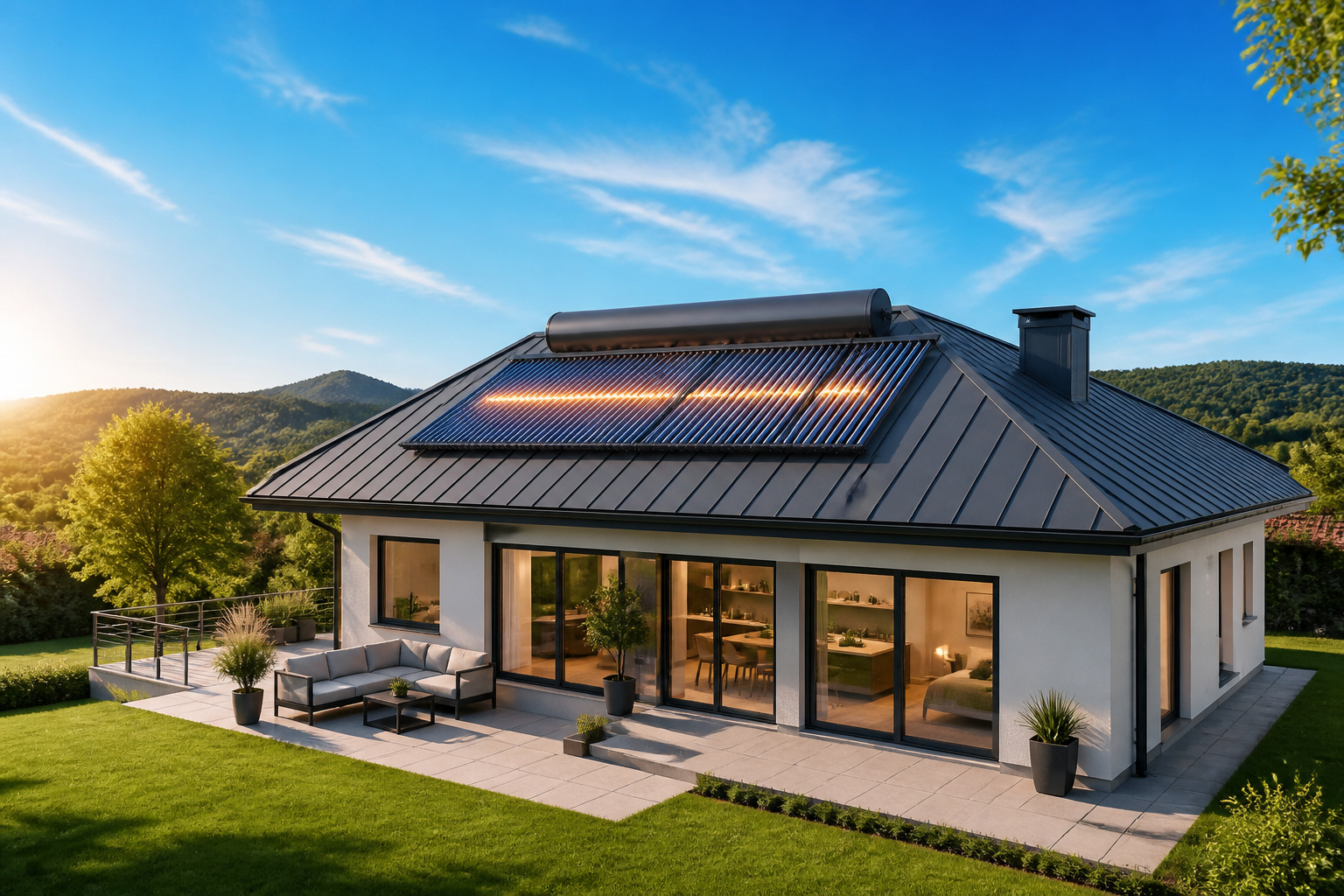Maison moderne avec panneaux solaires thermiques