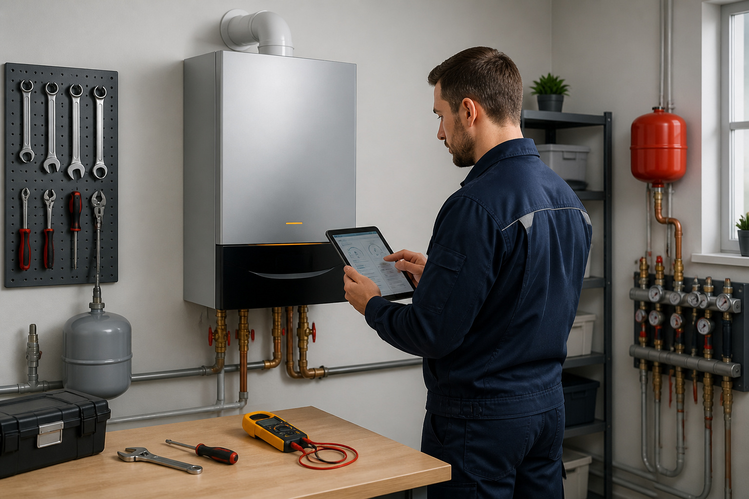 Technicien inspectant une chaudiere moderne